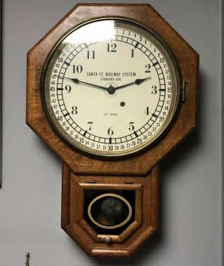 Seth Thomas Short Drop Santa Fe Railroad Station Clock Eight Day W/ Wind Up Key