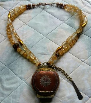 Antique Chinese Opium Box With Spoon,  Natural Citrine Designer Necklace