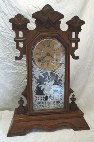 Antique Ansonia Oak And Walnut Kitchen Shelf Mantel Clock Circa 1880