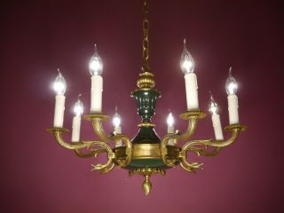 Old Empire 8 Light Brass Chandelier Green Varnish French Lustre Ceiling Lamp
