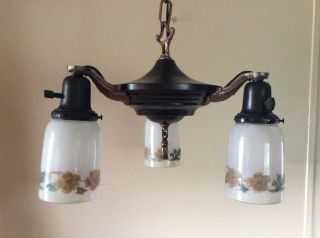 Antique Victorian Pan Light Chandelier 3 Hand Painted Shades 1920s