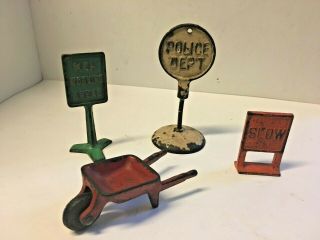 4 Vintage Arcade Cast Iron Signs Wheelbarrow Police Gas Station Diorama Parts
