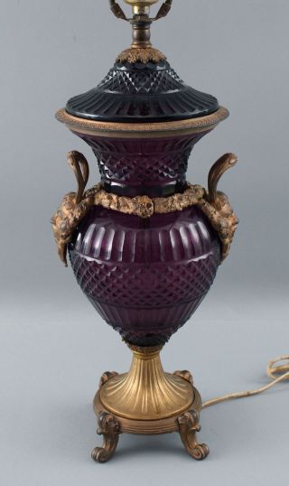Antique Amethyst Cut Glass & Gilt Bronze Urn Lamp w/ Grotesque Masks 10