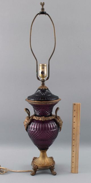Antique Amethyst Cut Glass & Gilt Bronze Urn Lamp w/ Grotesque Masks 2