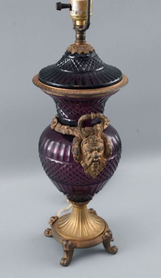 Antique Amethyst Cut Glass & Gilt Bronze Urn Lamp w/ Grotesque Masks 3