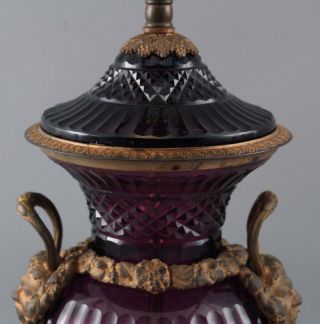 Antique Amethyst Cut Glass & Gilt Bronze Urn Lamp w/ Grotesque Masks 5