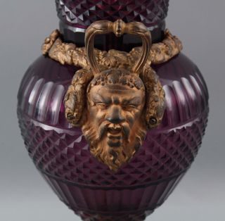 Antique Amethyst Cut Glass & Gilt Bronze Urn Lamp w/ Grotesque Masks 7
