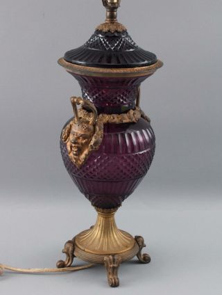 Antique Amethyst Cut Glass & Gilt Bronze Urn Lamp w/ Grotesque Masks 9