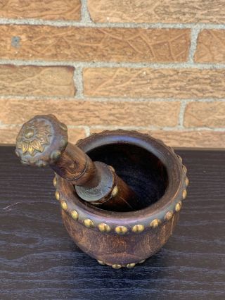 Antique Wooden Mortar & Pestle with Brass Studs in 10