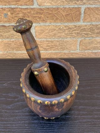 Antique Wooden Mortar & Pestle with Brass Studs in 11