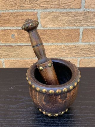 Antique Wooden Mortar & Pestle with Brass Studs in 12