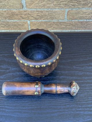 Antique Wooden Mortar & Pestle With Brass Studs In