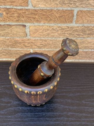 Antique Wooden Mortar & Pestle with Brass Studs in 2