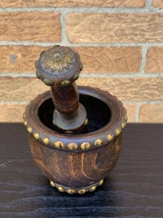 Antique Wooden Mortar & Pestle with Brass Studs in 3