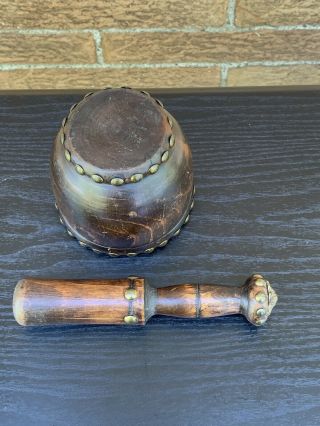 Antique Wooden Mortar & Pestle with Brass Studs in 4