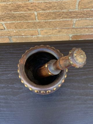 Antique Wooden Mortar & Pestle with Brass Studs in 6
