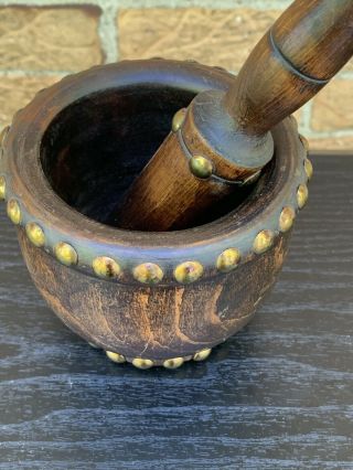 Antique Wooden Mortar & Pestle with Brass Studs in 7