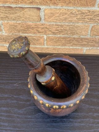 Antique Wooden Mortar & Pestle with Brass Studs in 8