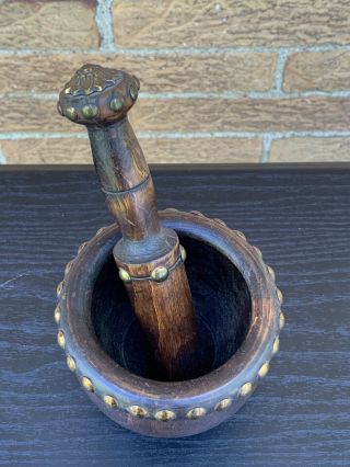Antique Wooden Mortar & Pestle with Brass Studs in 9