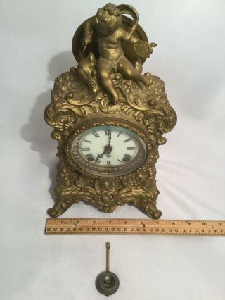 RARE ANTIQUE ANSONIA FRENCH STYLE FOOTED CHERUB MANTLE CLOCK HEAVY 2