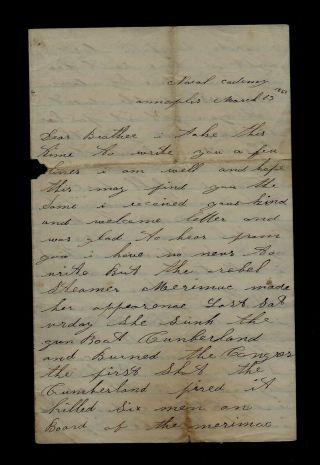 2nd Maryland (union) Infantry Civil War Letter - Rebel Merrimack Ship Attacks