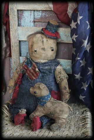Primitive Rag Stuffed Americana Boy & His Dog Doll Patriotic Decor