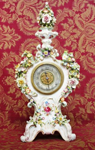 Antique Sitzendorf Dresden Flower - Encrusted Porcelain Mantel Clock,  Well