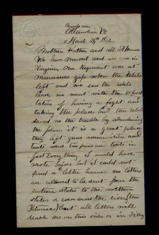 1st U.  S.  Regular Cavalry (dragoons) Civil War Letter - Camp Near Alexandria,  Va