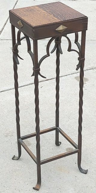 Antique Wrought Iron Gothic Mission Style Pedestal Plant Stand Quarter Sawn Oak