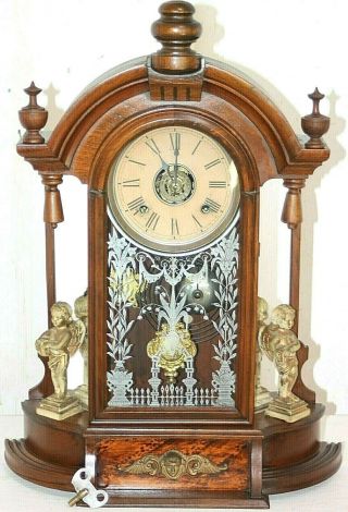 Antique Ansonia Walnut Mirror Side Shelf Clock W/ Figures & Tortoise Shell Paint