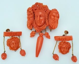 Antique 19th C Victorian Carved Coral 14k Gold Bacchus Figural Brooch & Earrings