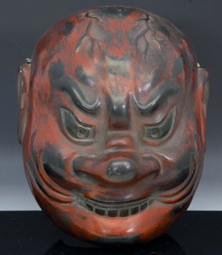 Great Antique Japanese Wood Carved Black Red Lacquer Oni Demon Theater Mask 2