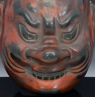 GREAT ANTIQUE JAPANESE WOOD CARVED BLACK RED LACQUER ONI DEMON THEATER MASK 2 2