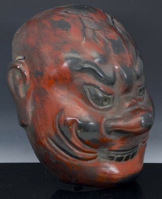 GREAT ANTIQUE JAPANESE WOOD CARVED BLACK RED LACQUER ONI DEMON THEATER MASK 2 3