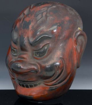 GREAT ANTIQUE JAPANESE WOOD CARVED BLACK RED LACQUER ONI DEMON THEATER MASK 2 4