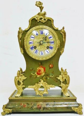 Antique French 8 Day Hand Painted Vernis Martin Mantel Clock With Bronze Mounts