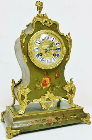 Antique French 8 Day Hand Painted Vernis Martin Mantel Clock With Bronze Mounts 2