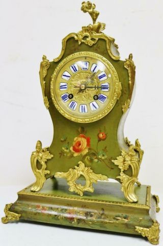 Antique French 8 Day Hand Painted Vernis Martin Mantel Clock With Bronze Mounts 3