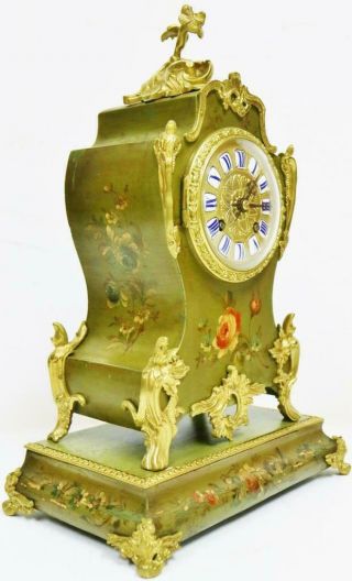 Antique French 8 Day Hand Painted Vernis Martin Mantel Clock With Bronze Mounts 4