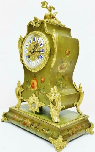 Antique French 8 Day Hand Painted Vernis Martin Mantel Clock With Bronze Mounts 5