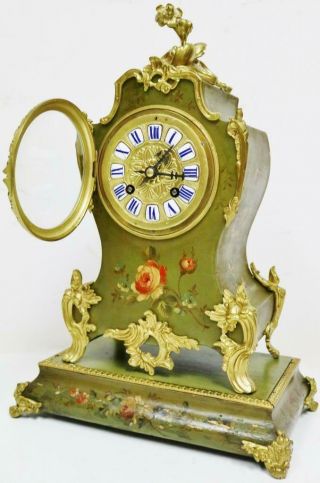 Antique French 8 Day Hand Painted Vernis Martin Mantel Clock With Bronze Mounts 7