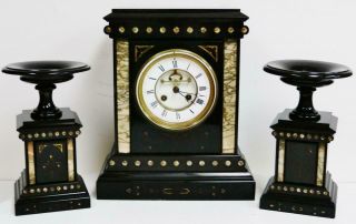 Antique French Slate Marble Gong Striking 8 Day Architectural Mantel Clock Set