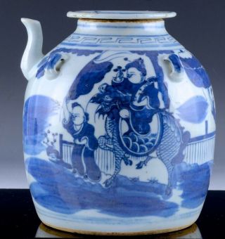 Large 19thc Chinese Blue & White Figural Fu Lion Landscape Family Teapot