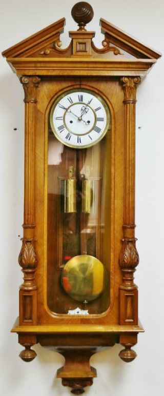 Antique Twin Weight Carved Walnut 8 Day Vienna Regulator Wall Clock