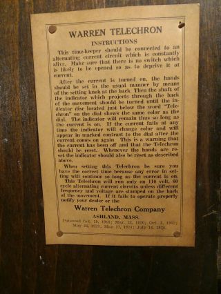 Warren Telechron Company Clock Vintage Type B 2 1920s.  The Potomac Edison Co. 7