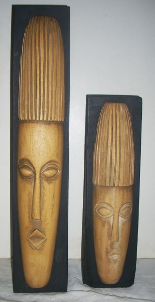 2 Vintage Mid Century Modern African Mask Motif Wooden Sculptures
