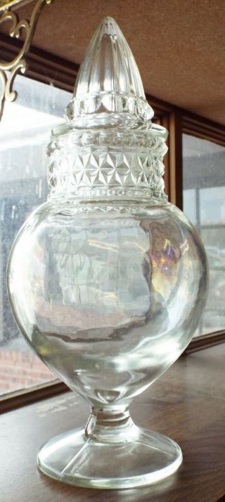 Antique Tiffin Glass Clear Dakota Pattern Apothecary Candy Jar W/ Lid Iridescent