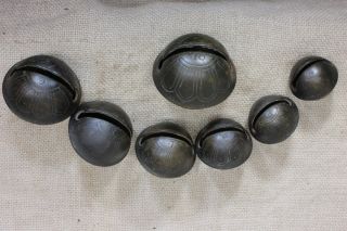 7 Vintage Nickel On Brass Petal Sleigh Bells 4 - 10 Old 1800 