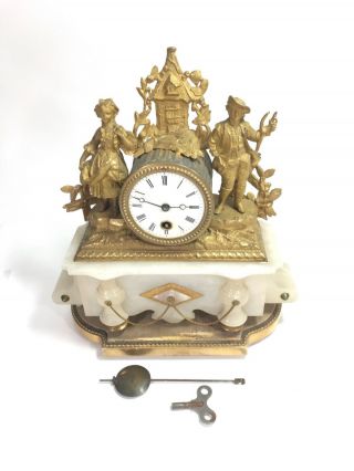 Antique French Clock 19th Century Alabaster To With Base