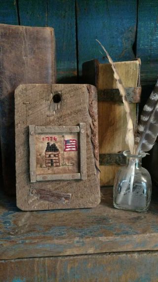 Early Inspired Primitive Handstitched Sampler Log Cabin Usa American Flag " 1776 "